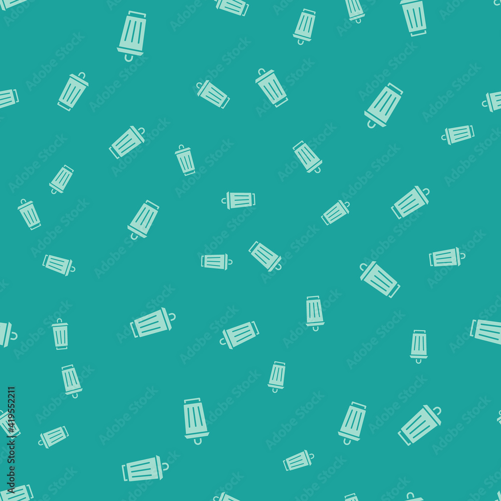 Poster green trash can icon isolated seamless pattern on green background. garbage bin sign. recycle basket