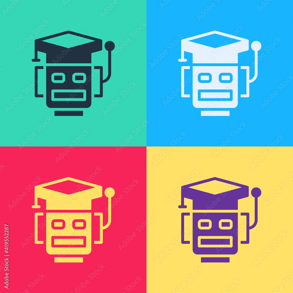 Poster pop art robot icon isolated on color background. artificial intelligence, machine learning, cloud co