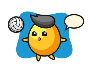 Character cartoon of golden egg is playing volleyball