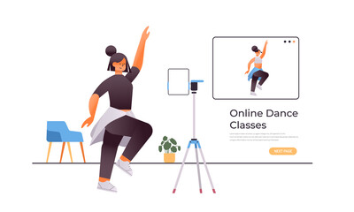 Fototapeta na wymiar female dancer doing dancing exercises while watching online video training program with dance teacher workout concept isolated full length horizontal copy space vector illustration