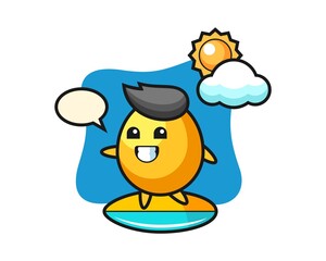 Illustration of golden egg cartoon do surfing on the beach
