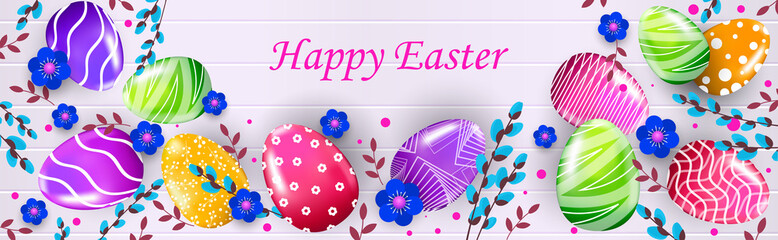 happy easter holiday celebration banner flyer or greeting card with decorative eggs horizontal vector illustration