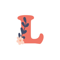 Letter L with floral decoration in flat cartoon style