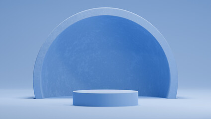3D mock-up of a blue podium with a hemisphere or an arch on a light blue background. Bright abstract background in mid century style for product or cosmetics presentation. Geometric figures