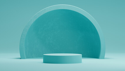 3D mock up podium in a mint color palette with a hemisphere or an arch. Abstract bright trendy background in mid century style. Render scene for product presentation in minimalism.