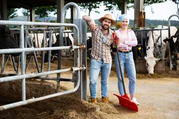 Positive young male and female owners of dairy farm standing in cowshed on background with herd of cows
