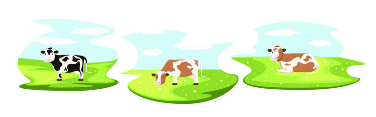 Set with cute cows on the background of green meadows and blue sky. Farm animals. Flower meadows