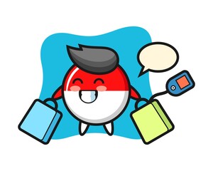 Indonesia flag badge mascot cartoon holding a shopping bag