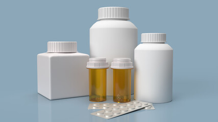The medicine bottles on blue background for health  content 3d rendering.