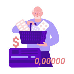 A sad elderly man with pills, medicines in a shopping basket spent all the money on treatment. No credit card money. Vector illustration in flat style.
