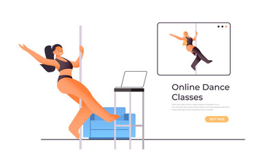 pole dance woman doing dancing exercises on pilon with dance teacher in web browser window online workout concept isolated full length horizontal vector illustration