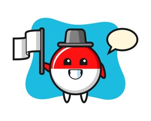 Cartoon character of indonesia flag badge holding a flag