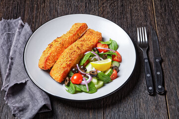 Panko crusted baked salmon fillets, veggies salad