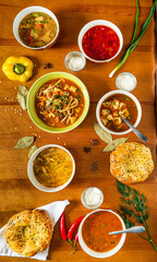 different kind of soups , top view