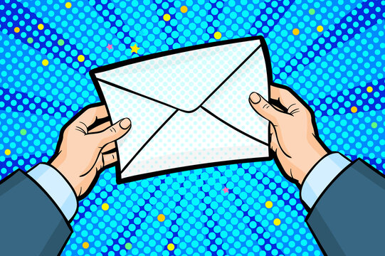 Male hand holds a sheet of paper in pop art style. Vector colorful hand drawn illustration with halftone in retro comic style.