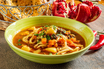 Laghman soup with meat and vegetables