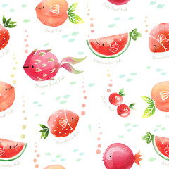 Cute Fruits mix Fish characters. Cartoon doodle illustration seamless pattern for kids apparel, fabric, wrapping paper. watercolour style.