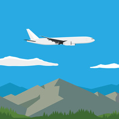 Landscape view of mountains, forest and flying airplane. Summer and spring landscape, background.