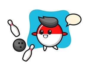 Character cartoon of indonesia flag badge is playing bowling
