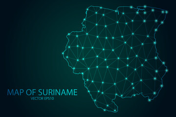 Fototapeta premium Map of Suriname - With glowing point and lines scales on The dark gradient background, 3D mesh polygonal network connections. Vector illustration eps10.