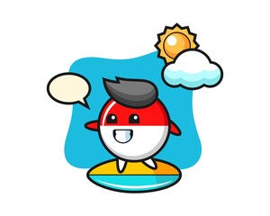 Illustration of indonesia flag badge cartoon do surfing on the beach