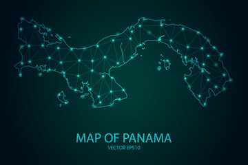 Map of Panama - With glowing point and lines scales on The Dark Gradient Background, 3D mesh polygonal network connections. Vector illustration eps10.
