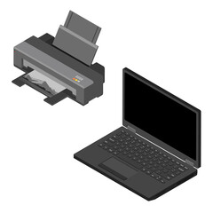 Realistic isometric laptop computer and printer. Print high quality photo paper