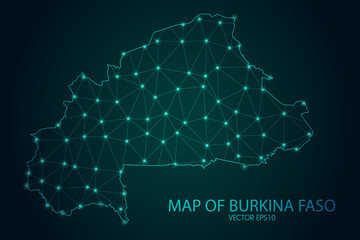 Map of Burkina Faso - With glowing point and lines scales on The Dark Gradient Background, 3D mesh polygonal network connections. Vector illustration eps10.