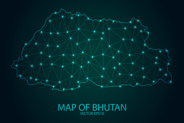 Map of Bhutan - With glowing point and lines scales on The Dark Gradient Background, 3D mesh polygonal network connections. Vector illustration eps10.