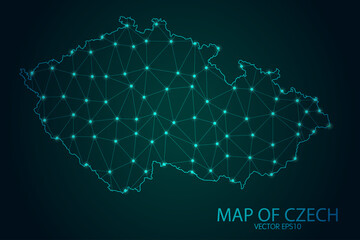 Map of Czech Republic - With glowing point and lines scales on The Dark Gradient Background, 3D mesh polygonal network connections. Vector illustration eps10.