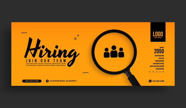 Minimal job vacancy social media cover banner template, We are hring background with magnifying glass