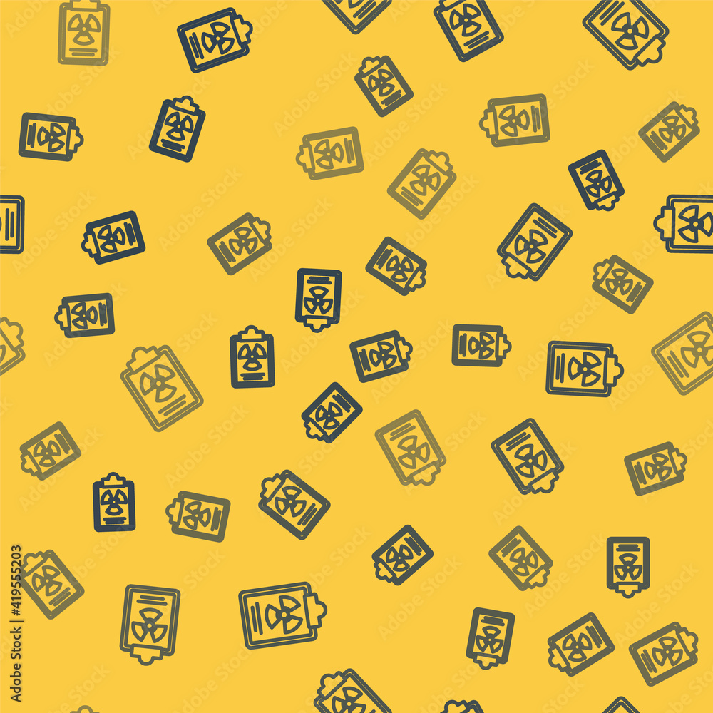 Poster blue line radiation warning document icon isolated seamless pattern on yellow background. text file.