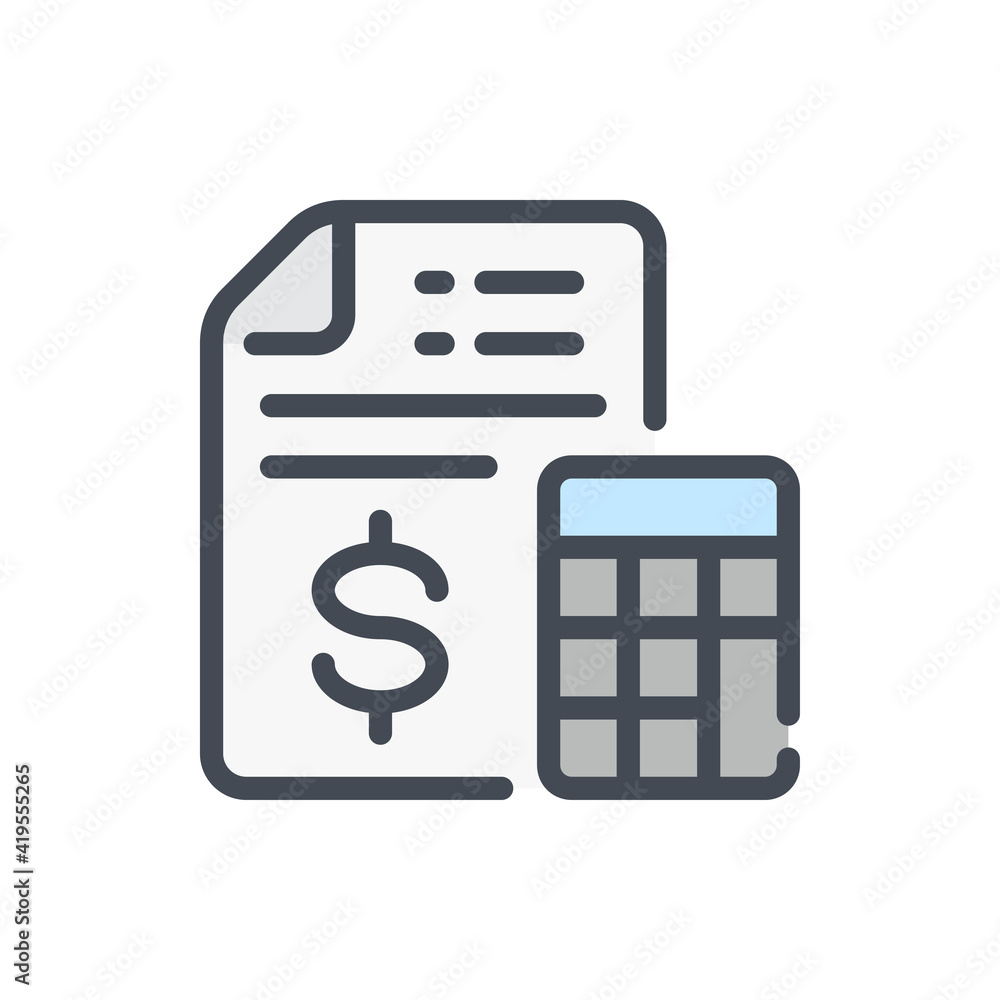 Poster accounting and financial calculation color line icon. finance document and calculator vector outline