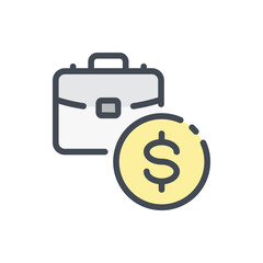 Salary and Business portfolio color line icon. Briefcase with dollar coin vector outline colorful sign.