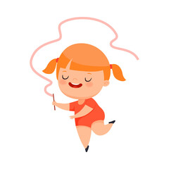 Little Girl with Overweight and Body Fat Doing Gymnastics as Physical Exercise Vector Illustration