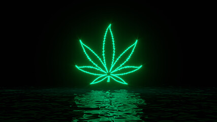 Glowing green neon cannabis weed marijuana leaf with reflections on water surface. Abstract background, waves, ultraviolet, spectrum vibrant colors. 3d render illustration