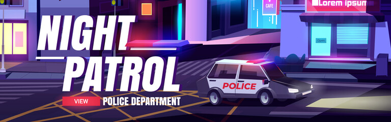 Night patrol cartoon web banner with police car © klyaksun