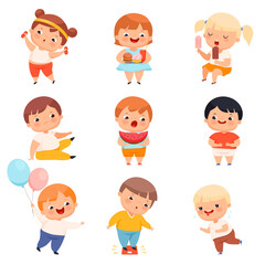 Little Boy and Girl with Overweight and Body Fat Eating and Engaged in Sportive Activity Vector Set