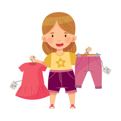 Fashionable Girl Standing Choosing Trendy Garment in Shopping Mall Vector Illustration