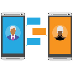 Chat messages on smartphone. Vector illustration, flat cartoon sms bubbles on mobile phone screen, man person chatting on cellphone with woman isolated