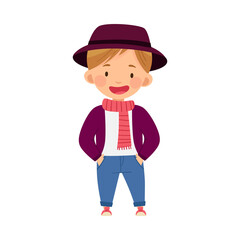 Fashionable Boy Standing in Trendy Jacket and Wide Brimmed Hat Vector Illustration