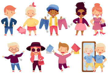 Little Kids Wearing Different Fashion Clothes Fitting New Stylish Look Vector Set