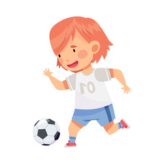 Cheerful Girl in Sports Shirt and Shorts Playing Football Passing Ball with Her Foot Vector Illustration