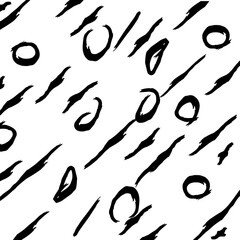 Black paint brush strokes vector seamless pattern. Hand drawn curved and wavy lines with grunge circles. brush scribbles decorative texture. Messy doodles, bold curvy lines illustration.