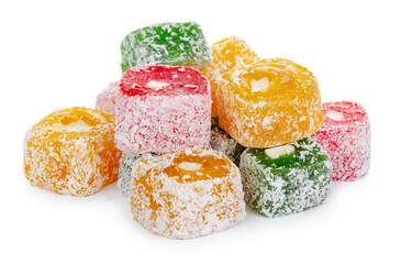 Bunch of colorful Turkish Delight sweets isolated on white