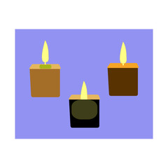 three burning candles with a purple backdrop