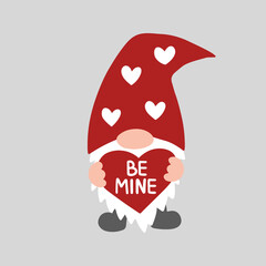 Valentine gnome isolated on white background. Valentine's day holiday vector illustration. Be mine. Cute cartoon gnome with heart. Template for greeting card, clipart, sticker, poster.