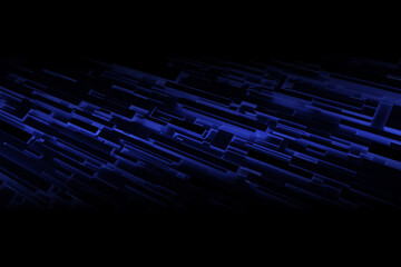 Modern tech dark blue vivid light glowing through 3d block structure wall.3d illustration and rendering.
