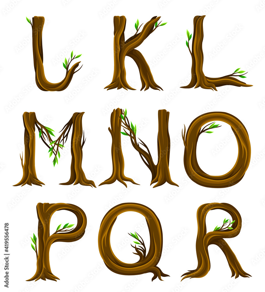 Poster forest alphabet with letters arranged from tree trunks and branches vector set