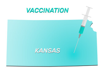 Vaccination of Kansas. Coronavirus vaccine concept, syringe of vaccine and needle planting on Kansas map. Vector illustration of a syringe with map and vaccine.
